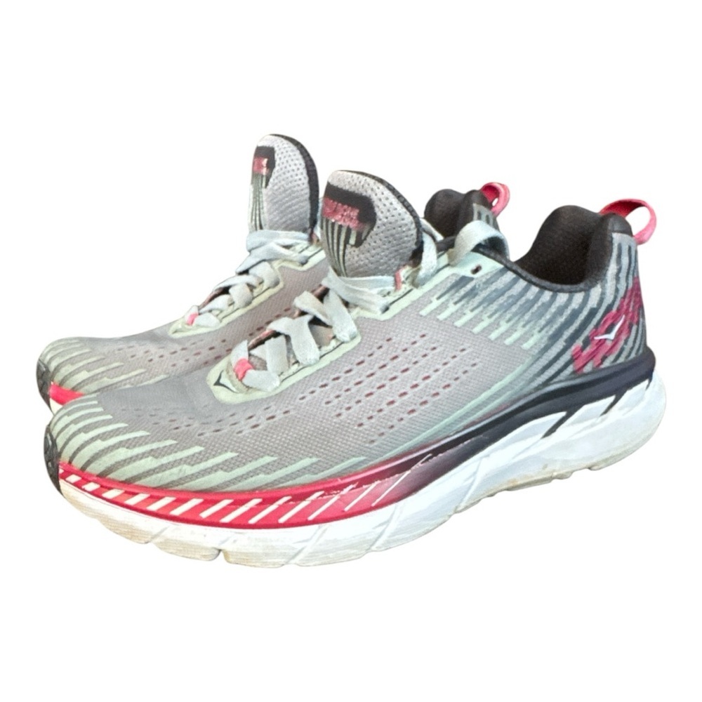 Hoka One One Gray and Pink Athletic Shoes with Maximalist Cushioning